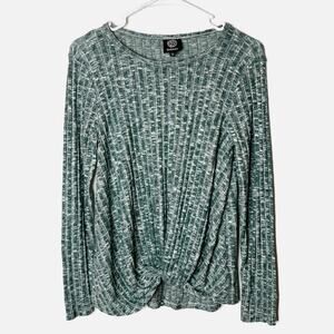 Bobeau Women's Knit Top Size XS Heathered Green Knot Front Ribbed Long Sleeve